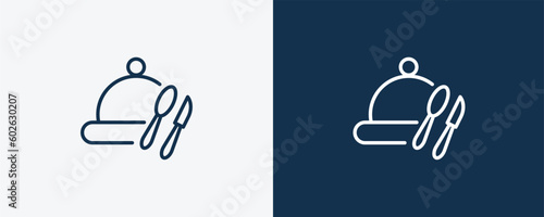 tray and cover icon. Outline tray and cover icon from restaurant collection. Linear vector isolated on white and dark blue background. Editable tray and cover symbol.