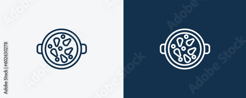 paella with parwns icon. Outline paella with parwns icon from restaurant collection. Linear vector isolated on white and dark blue background. Editable paella with parwns symbol.