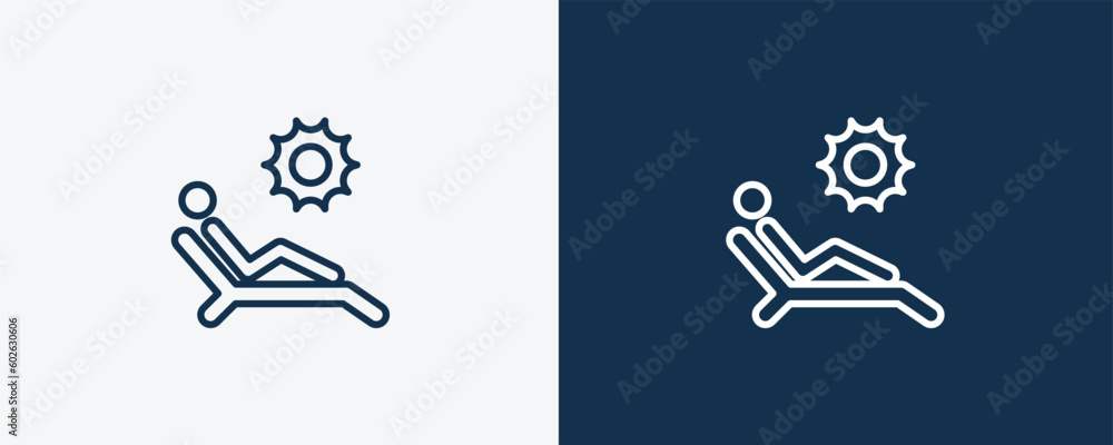 sun bath icon. Outline sun bath icon from travel and trip collection. Linear vector isolated on white and dark blue background. Editable sun bath symbol.