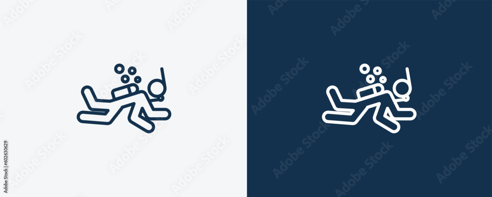 scuba diving icon. Outline scuba diving icon from travel and trip collection. Linear vector isolated on white and dark blue background. Editable scuba diving symbol.