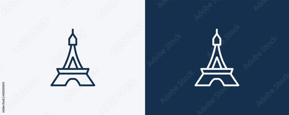 eiffel tower icon. Outline eiffel tower icon from travel and trip collection. Linear vector isolated on white and dark blue background. Editable eiffel tower symbol. eiffel tower icon. Outline eiffel tower icon from travel and trip collection. Linear vector isolated on white and dark blue background. Editable eiffel tower symbol.