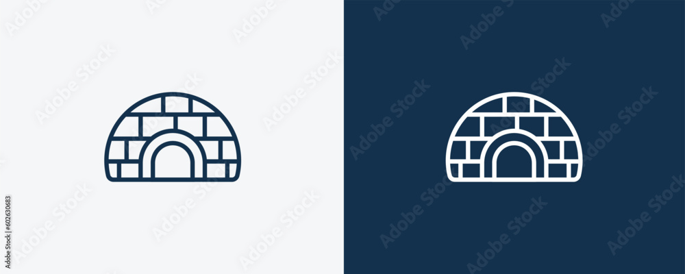 igloo icon. Outline igloo icon from travel and trip collection. Linear vector isolated on white and dark blue background. Editable igloo symbol. - obrazy, fototapety, plakaty 