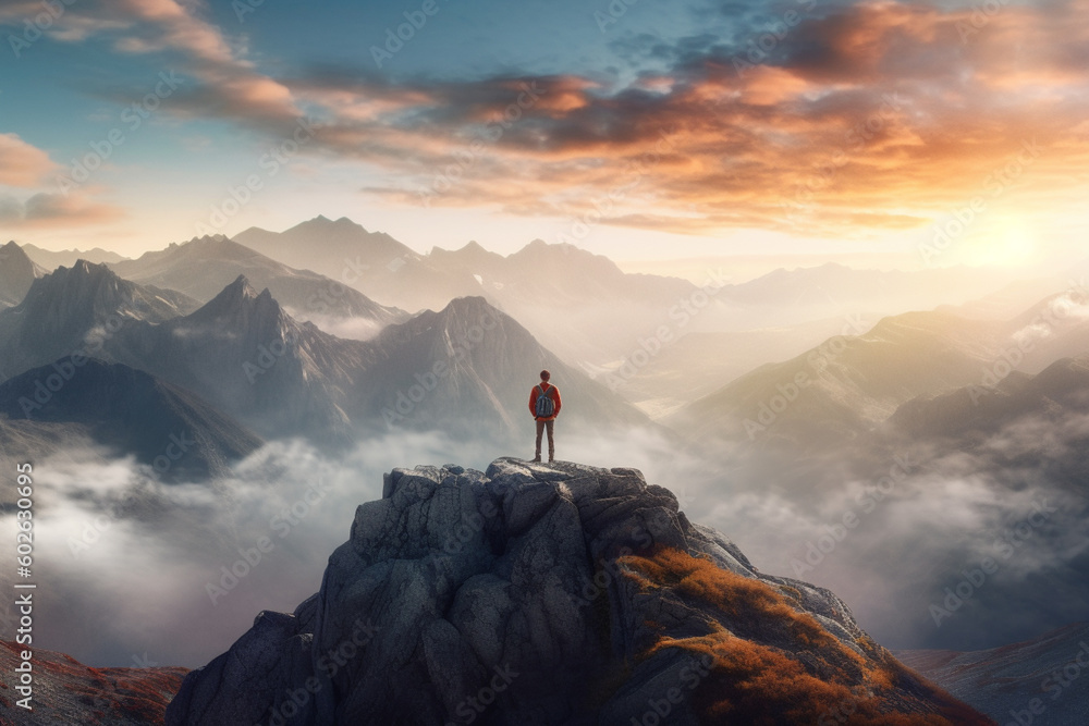 A person standing on top of a mountain, overlooking a vast landscape, representing the clarity and inspiration that comes with a breakthrough idea.  Generative AI technology