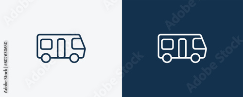 motorhome icon. Outline motorhome icon from travel and trip collection. Linear vector isolated on white and dark blue background. Editable motorhome symbol.