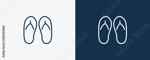 flip flop icon. Outline flip flop icon from travel and trip collection. Linear vector isolated on white and dark blue background. Editable flip flop symbol.
