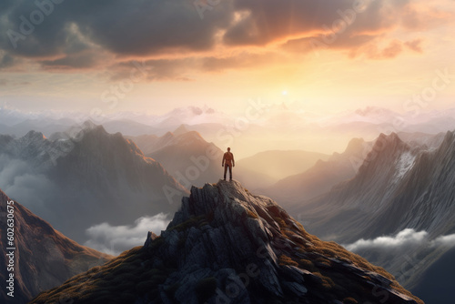 A person standing on top of a mountain, overlooking a vast landscape, representing the clarity and inspiration that comes with a breakthrough idea. Generative AI technology