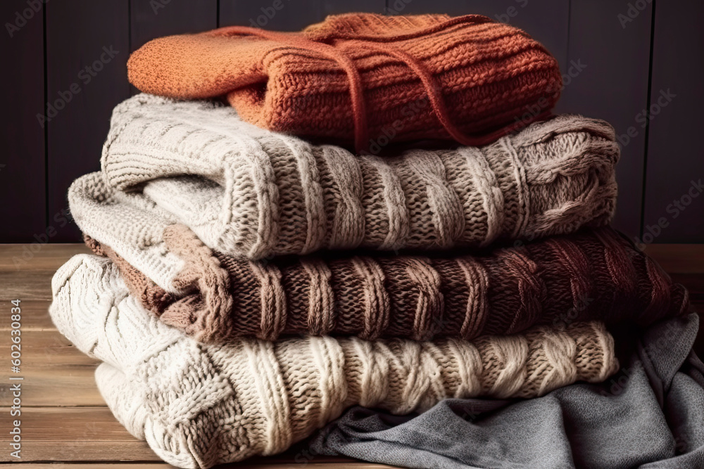 Pile of knitted winter clothes on wooden background, sweaters, knitwear