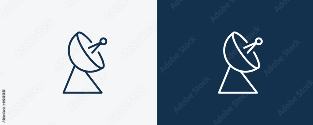 satellite station icon. Outline satellite station icon from technology collection. Linear vector isolated on white and dark blue background. Editable satellite station symbol. satellite station icon. Outline satellite station icon from technology collection. Linear vector isolated on white and dark blue background. Editable satellite station symbol.
