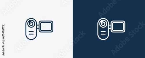 video camera front view icon. Outline video camera front view icon from technology collection. Linear vector isolated on white and dark blue background. Editable video camera front view symbol.