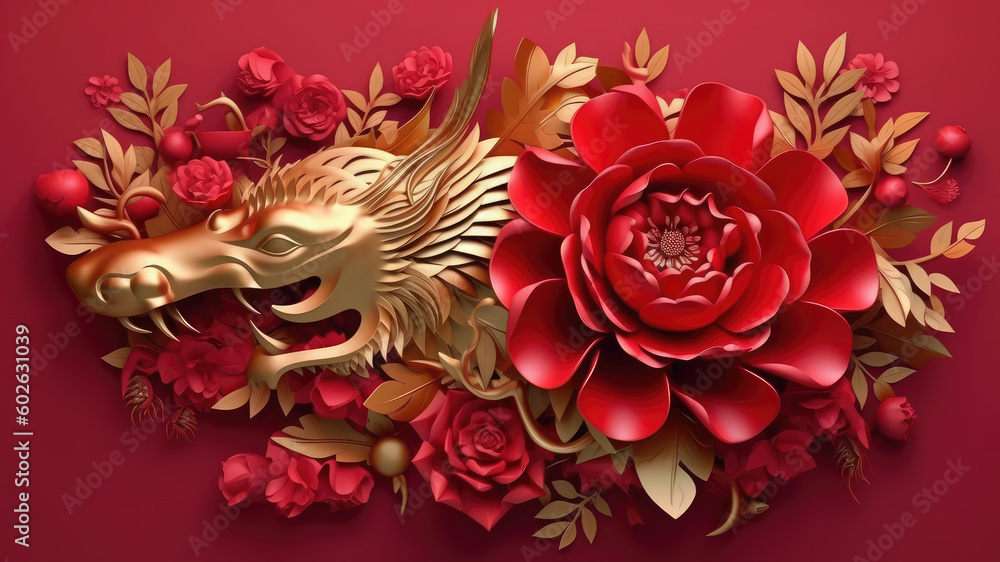 Realistic gold and red paper cut style , Happy chinese new year 2024 , the dragon zodiac and asian rose flower with gold style on color red background , Generative Ai	
