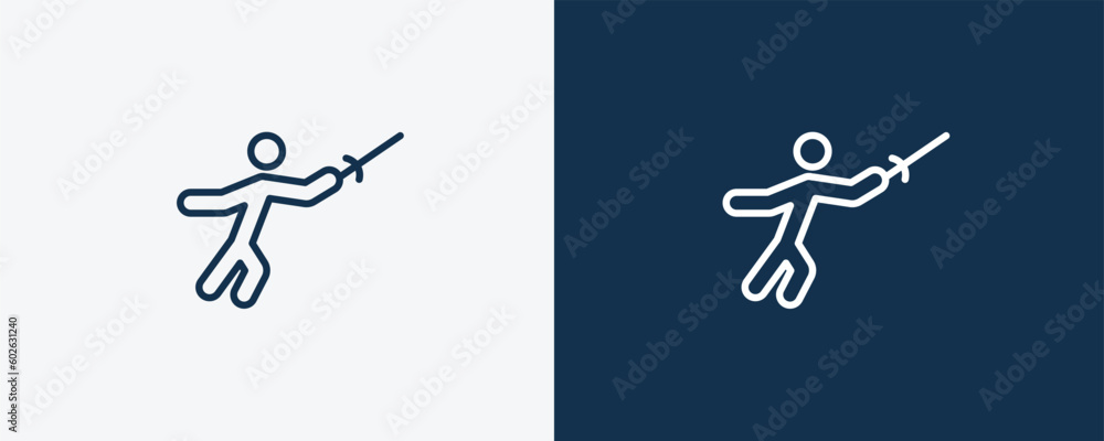 medieval fencing icon. Outline medieval fencing icon from sport and game collection. Linear vector isolated on white and dark blue background. Editable medieval fencing symbol.