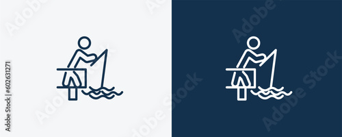 fisher fishing icon. Outline fisher fishing icon from sport and game collection. Linear vector isolated on white and dark blue background. Editable fisher fishing symbol.