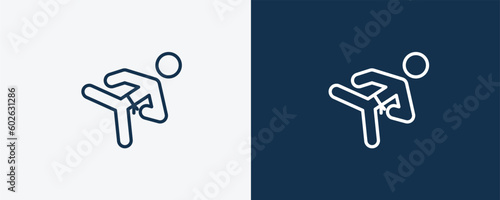 karate fighter icon. Outline karate fighter icon from sport and game collection. Linear vector isolated on white and dark blue background. Editable karate fighter symbol.