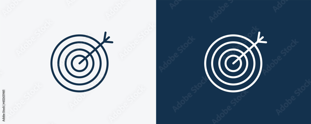 bullseye icon. Outline bullseye icon from sport and game collection. Linear vector isolated on white and dark blue background. Editable bullseye symbol. bullseye icon. Outline bullseye icon from sport and game collection. Linear vector isolated on white and dark blue background. Editable bullseye symbol.
