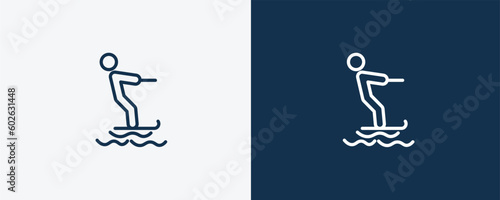 jet surfing sign icon. Outline jet surfing sign icon from sport and game collection. Linear vector isolated on white and dark blue background. Editable jet surfing sign symbol.