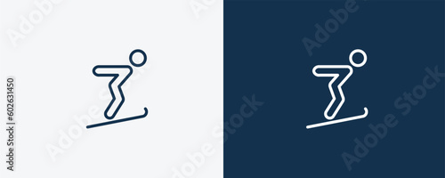 jumping ski sign icon. Outline jumping ski sign icon from sport and game collection. Linear vector isolated on white and dark blue background. Editable jumping ski sign symbol.