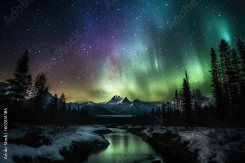 Northern lights, mountains, river and forest, abstract natural landscape background. Generative AI