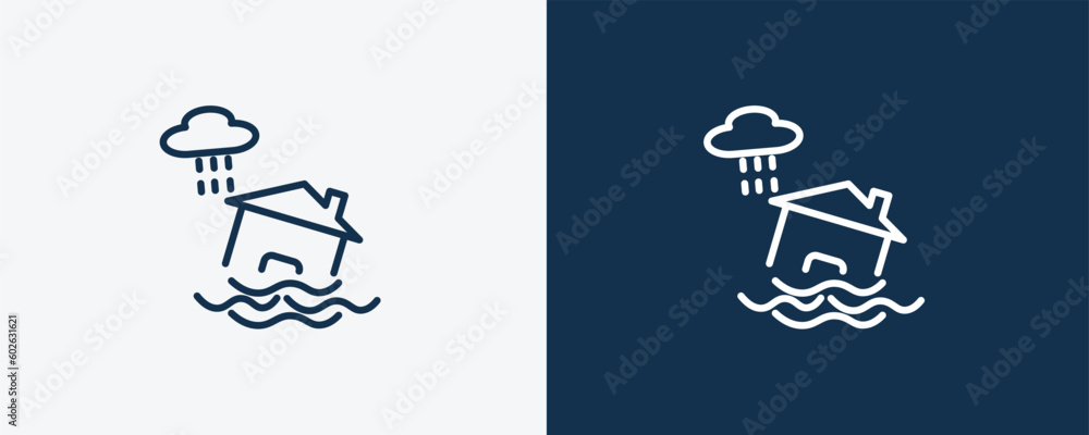 inundation icon. Outline inundation icon from Insurance and Coverage collection. Linear vector isolated on white and dark blue background. Editable inundation symbol. inundation icon. Outline inundation icon from Insurance and Coverage collection. Linear vector isolated on white and dark blue background. Editable inundation symbol.