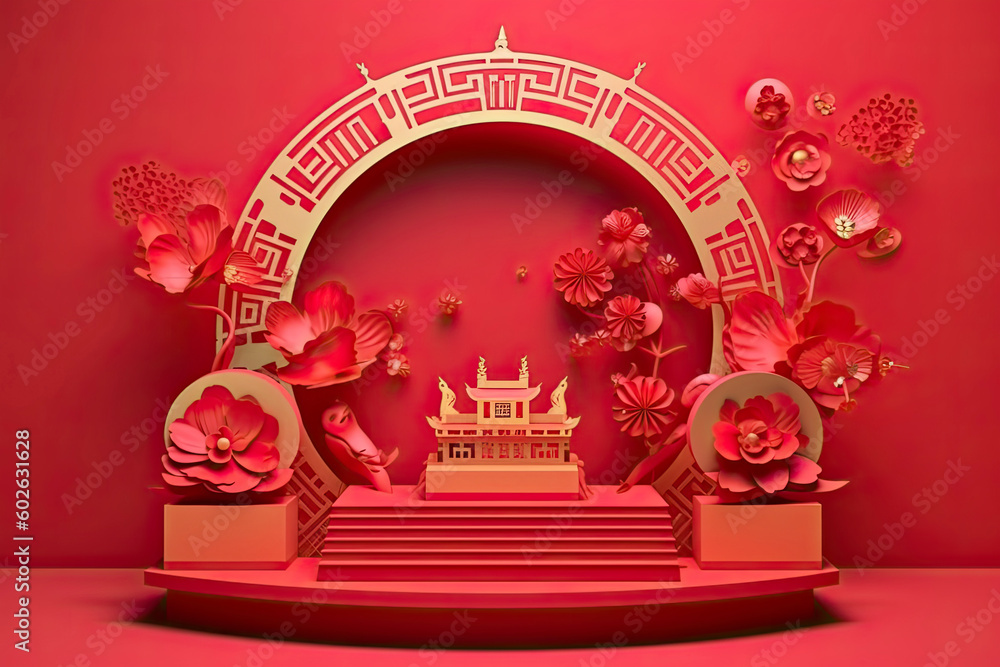 Podium round stage podium and paper art Chinese new year,Chinese Festivals, Mid Autumn Festival