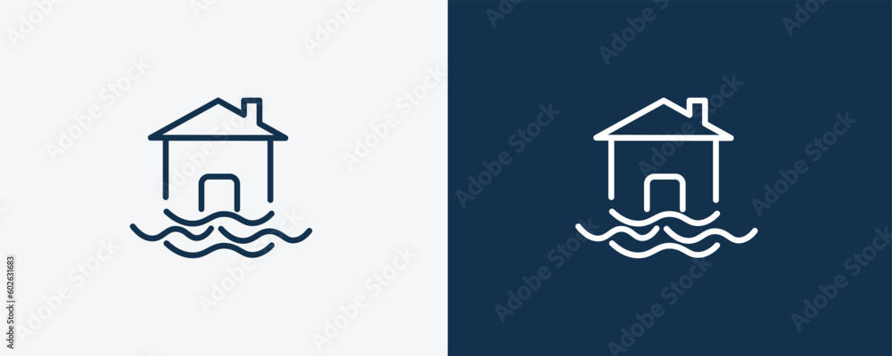 flood risk icon. Outline flood risk icon from Insurance and Coverage collection. Linear vector isolated on white and dark blue background. Editable flood risk symbol. flood risk icon. Outline flood risk icon from Insurance and Coverage collection. Linear vector isolated on white and dark blue background. Editable flood risk symbol.
