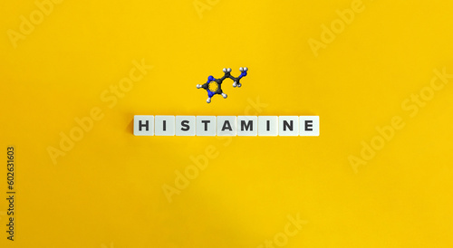 Histamine Word and Ball and Stick Model. Letter Tiles on Yellow Background. Minimal Aesthetics. photo