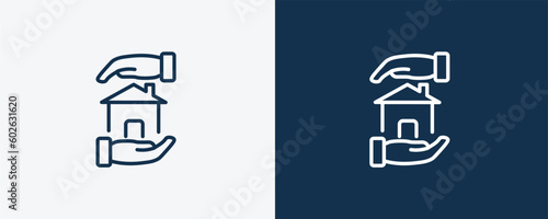 house insurance icon. Outline house insurance icon from Insurance and Coverage collection. Linear vector isolated on white and dark blue background. Editable house insurance symbol.