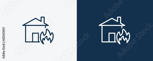 fire insurance icon. Outline fire insurance icon from Insurance and Coverage collection. Linear vector isolated on white and dark blue background. Editable fire insurance symbol.