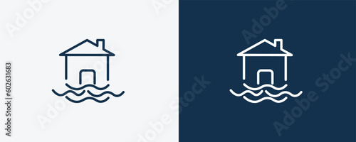 flood risk icon. Outline flood risk icon from Insurance and Coverage collection. Linear vector isolated on white and dark blue background. Editable flood risk symbol.