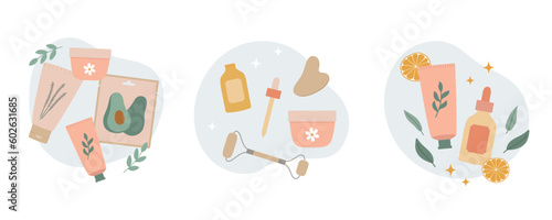 WebNatural organic cosmetic products. Face cream, sheet mask, tubes, bottles and leaves. Vector illustration
