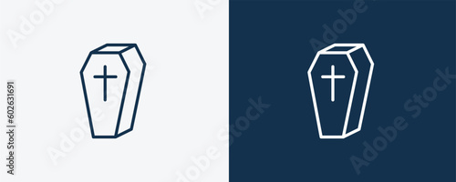 coffin icon. Outline coffin icon from Insurance and Coverage collection. Linear vector isolated on white and dark blue background. Editable coffin symbol.