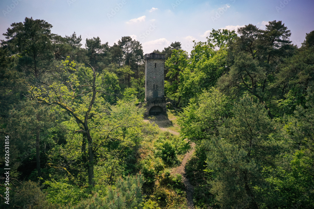 aerial view on the stone tower of Samois sur Seine in France