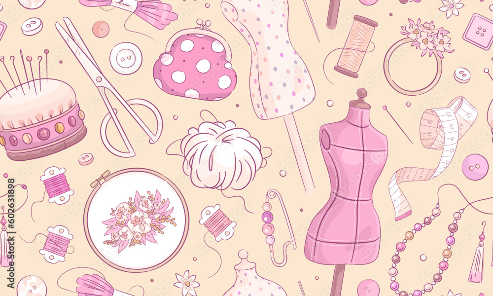 Seamless pattern with hand drawn handmade and sewing elements. Textile, wallpaper or wrapping paper design template. Vector illustration Seamless pattern with hand drawn handmade and sewing elements. Textile, wallpaper or wrapping paper design template. Vector illustration
