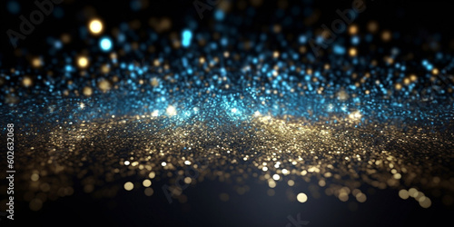 abstract background with Dark blue and gold particle. Christmas Golden light shine particles bokeh on navy blue background. Gold foil texture, generative AI