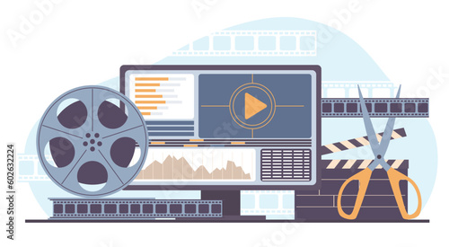 Video editor, creating and editing video sequences. Movie reels, computer programm for redacting filmstrip. Cut cinematography videotape cartoon flat isolated vector editing concept