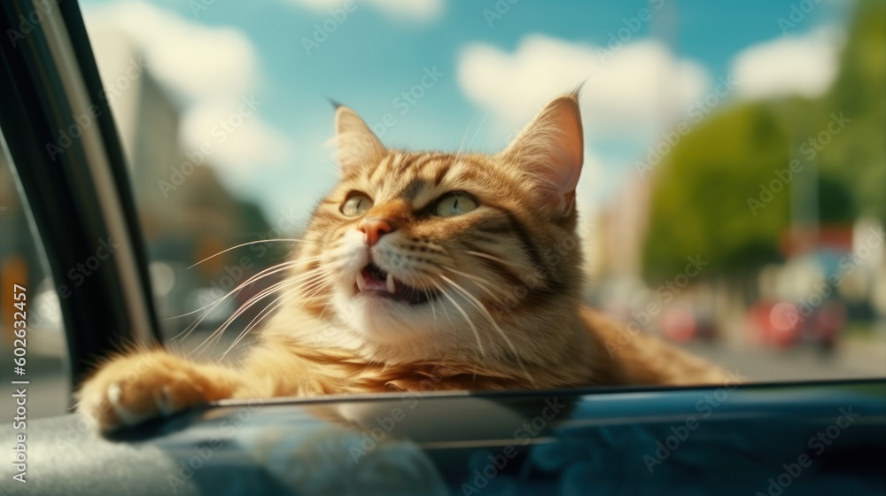 Happy cat on the car window summer vacation trave. Web banner style. Generative AI Happy cat on the car window summer vacation trave. Web banner style. Generative AI