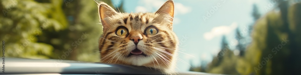 Happy cat on the car window summer vacation trave. Web banner style. Generative AI