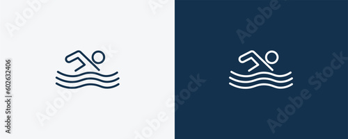 man swimming icon. Outline man swimming icon from Fitness and Gym collection. Linear vector isolated on white and dark blue background. Editable man swimming symbol.