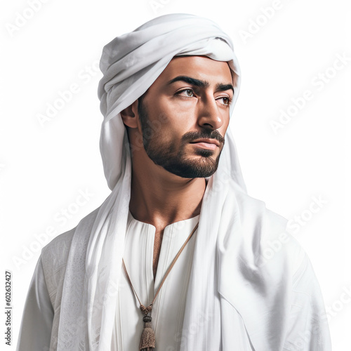 Young handsome Emirati business man in UAE traditional outfit showing a variety of hand gesture. Arabic ambitious mature businessman. Generative AI photo