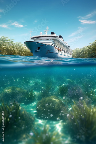 A cruise ship sailing in pristine waters, capturing the allure of cruising and exploring multiple destinations in one trip. Generative AI technology