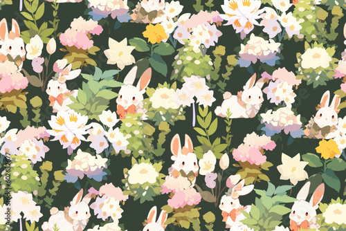 Cute kawaii anime abstract flowers and bunny pattern