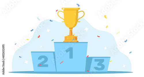 Winners cup, success and achievement. First place prize in competition or tournament, award ceremony, sport match, golden metal goblet cartoon flat isolated illustration. Vector reward concept