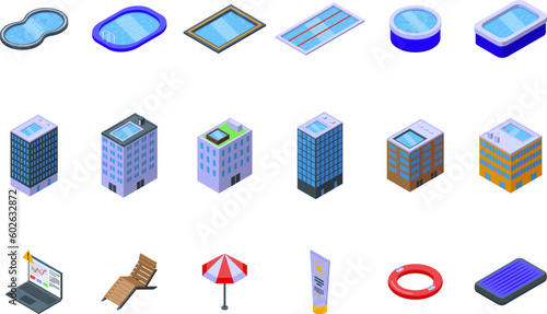 Office swimming pool icons set isometric vector. Work woman. City relax