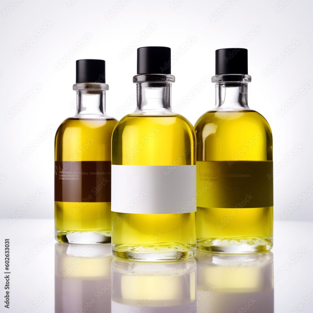 Fragrant yellow massage oil in transparent bottles on a light background, Generative AI, generative artificial intelligence Fragrant yellow massage oil in transparent bottles on a light background, Generative AI, generative artificial intelligence