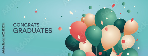Congrats graduates web banner with colorful balloons on blue background