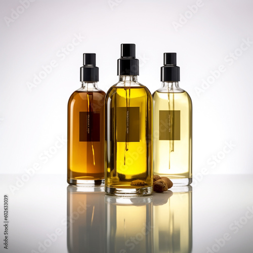 Fragrant yellow massage oil in transparent bottles on a light background, Generative AI, generative artificial intelligence