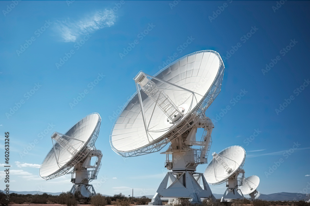 Satellite dishes on the bright blue sky background