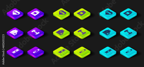 Set Sports nutrition, Smartwatch, Dumbbell, and Fitness gym heart icon. Vector