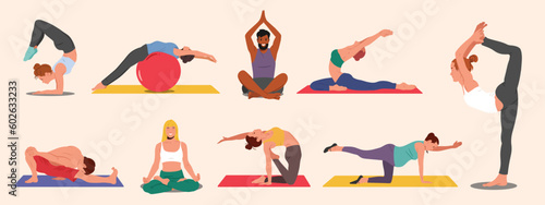 Recruit slim young people doing yoga and fitness. Healthy Lifestyle. A collection of female and male cartoon characters showing various yoga positions  isolated on a white background - vector
