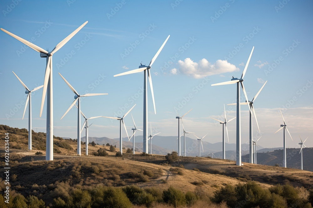 Wind turbines on beautiful sunny summer autumn mountain landscape.Green ecological power energy generation.AI Generated