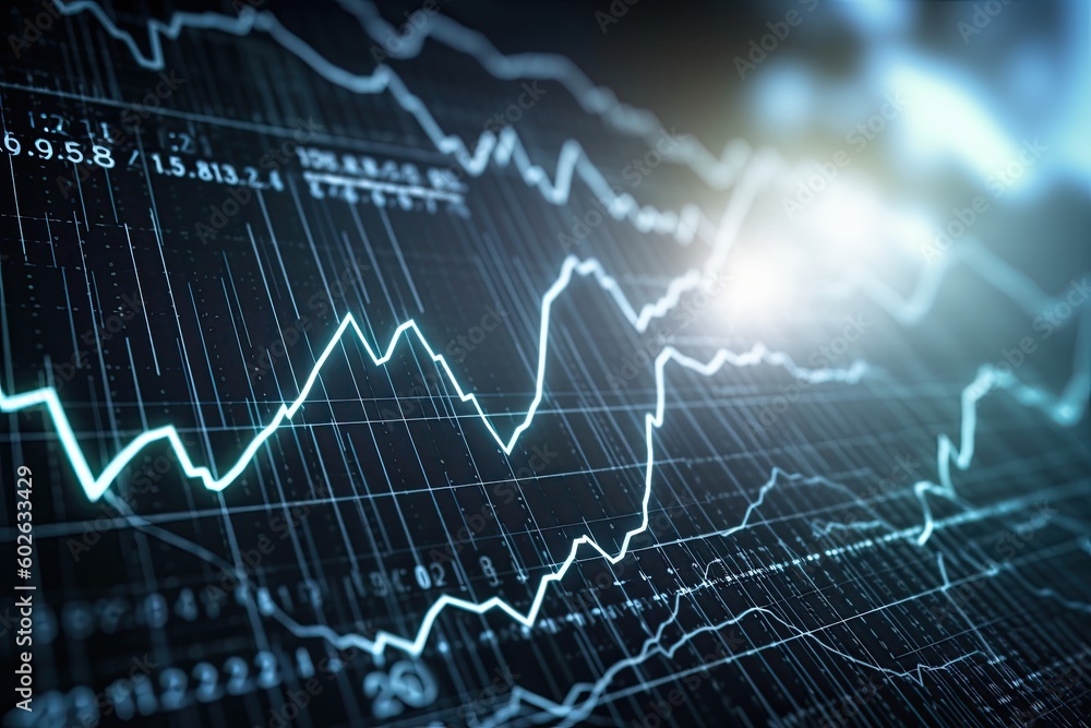 Naklejka premium Immersive HUD interface stock market analytics graphs. investment, financial management and money related banking products hi tech Concept.AI Generated